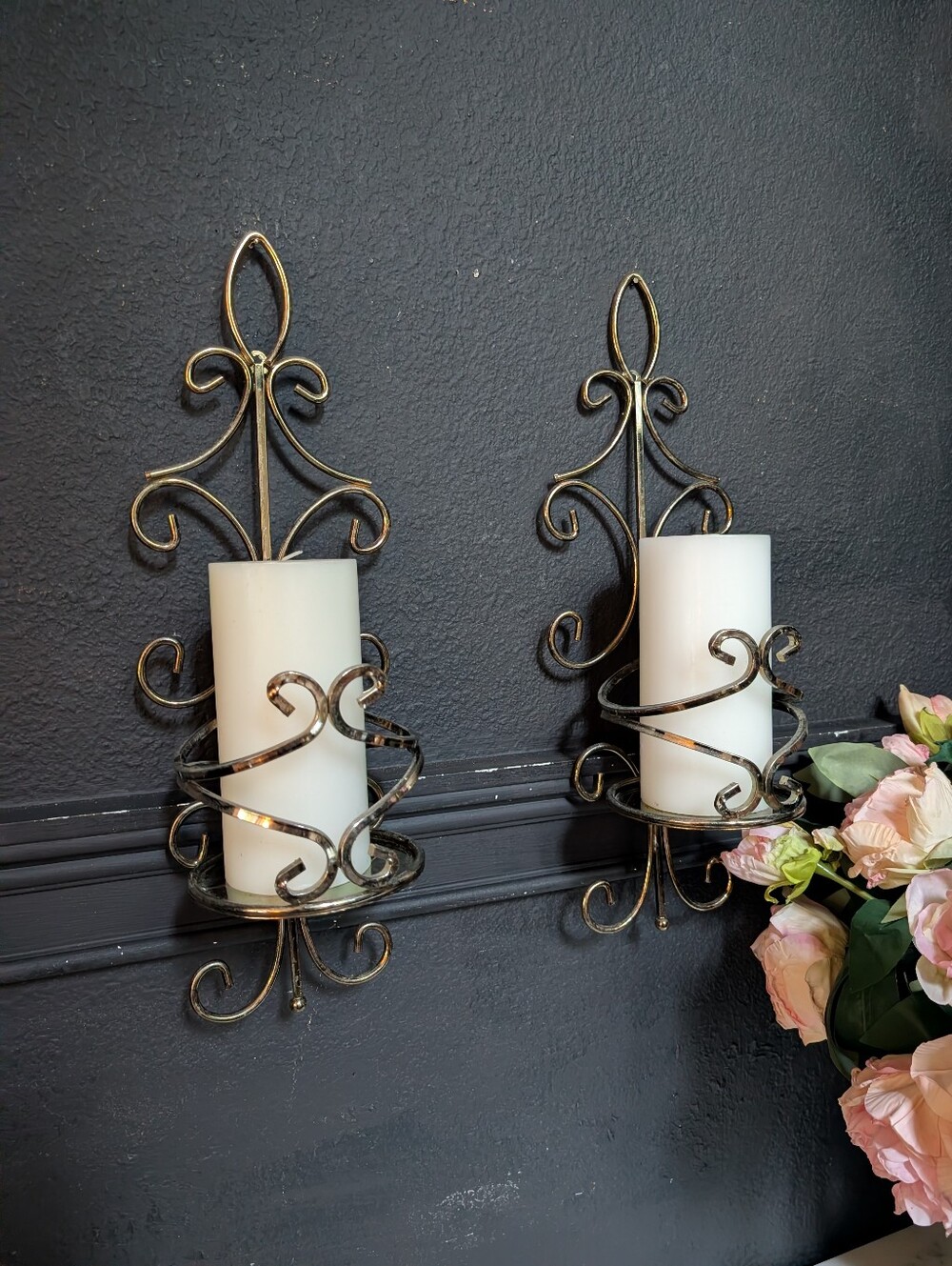 VTG, Set of 2, MCM Polished Gold Metal Wall Candle Plant Flower Holders Sconces